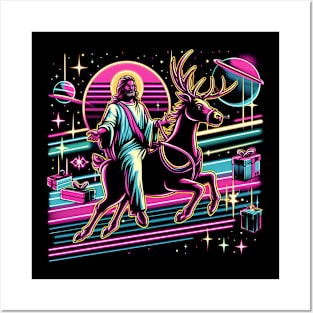 COOL JESUS RIDING RAINDEER UNIVERSE RETRO 80'S NEON VIBE Posters and Art